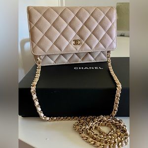 CHANEL 19S Iridescent Beige Quilted Caviar Leather WOC Wallet on Chain Bag